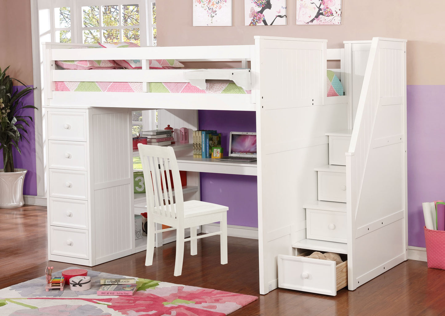 Kids Life Versatile Full Size Loft Bed with Desk and Stairs