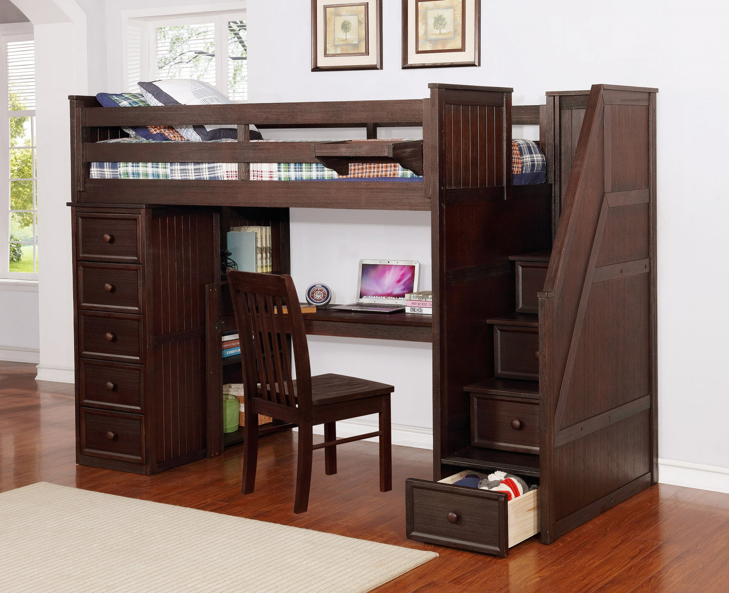 Kids Life Versatile Twin Size Loft Bed with Desk and Stairs