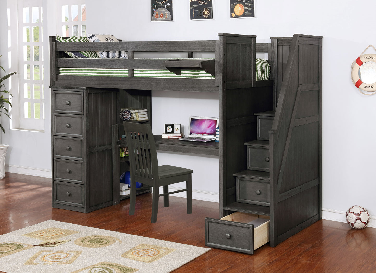 Kids Life Versatile Twin Size Loft Bed with Desk and Stairs