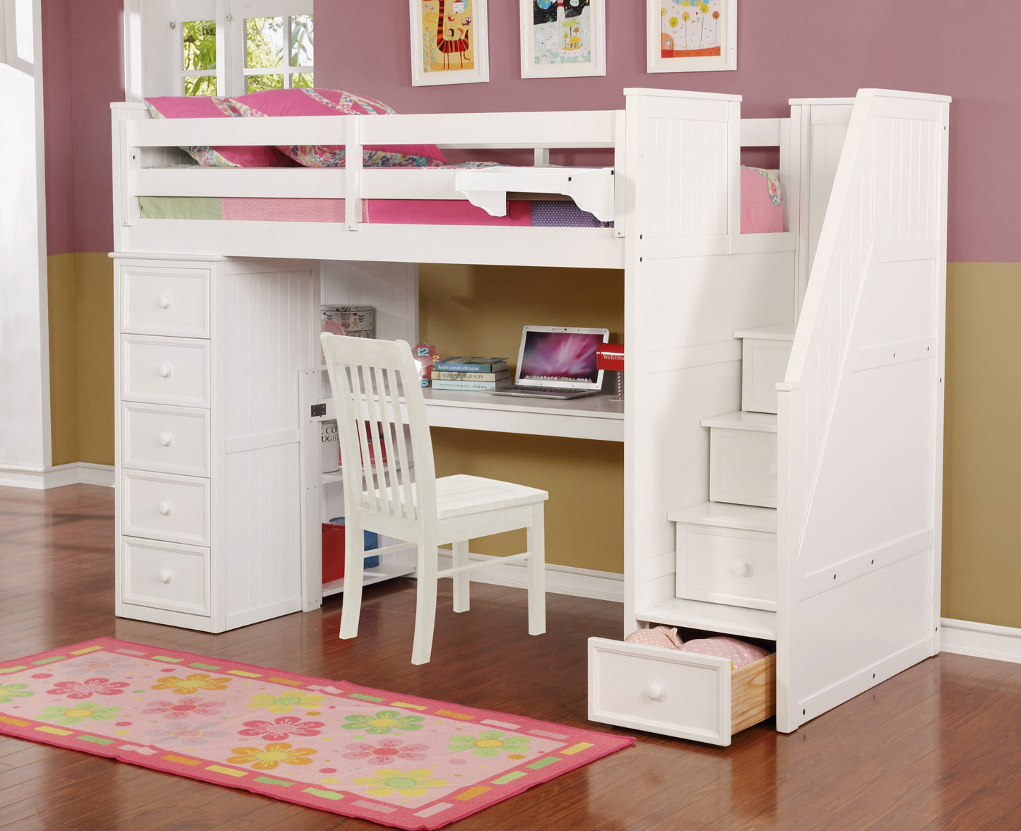 Kids Life Versatile Twin Size Loft Bed with Desk and Stairs